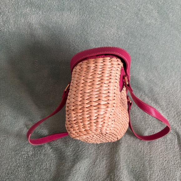 Vintage Vegetable Fiber Woven Basket Purse Top Handle Bag Pink Tan mirror - Picture 5 of 14